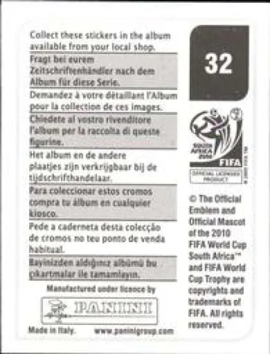 Vista 2 de Pegatinas de la Copa Mundial de la FIFA de Panini 2010 #32 Itumeleng Khune Sudáfrica - Adhesivo oficial de álbum de fútbol