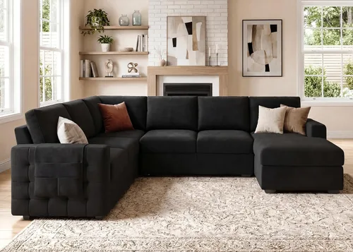 Vista 7 de HONBAY Sofá cama seccional con cama extraíble, sofá seccional en forma de U con diván de almacenamiento, sofá seccional de 6 plazas, terciopelo negro