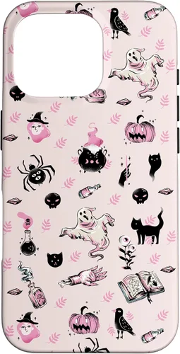 Vista 20 de iPhone 16 Vintage Halloween Case Pumpkins Ghosts Witch Skulls Pink Case