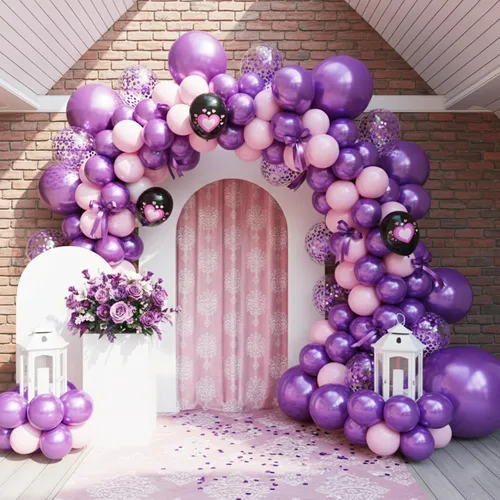 Vista 4 de Globos rosa púrpura negros, 50 unidades de 12 pulgadas, globos de cumpleaños con forma de corazón impresos en color rosa púrpura metálico negro