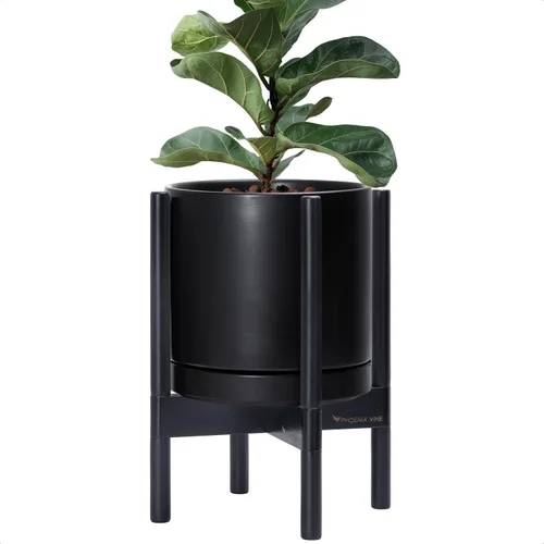 Vista 25 de D'vine Dev Maceta de cerámica con soporte de ébano – Maceta redonda moderna de 8 pulgadas con soporte para maceta de madera, color negro, 55-B-M-2