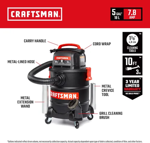Vista 2 de CRAFTSMAN CMXEVBE17050 - Aspiradora para cenizas y parrilla (5 galones, 7.8 amperios) Portable Dry Only Shop Vacuum with Drum Filter, Cartridge