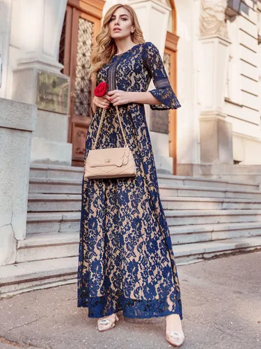 Vista 4 de MISSMAY - Vestido largo formal con mangas de campana, hecho totalmente en encaje, estilo vintage, para mujer