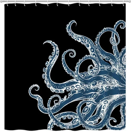 Vista 11 de Cortina de ducha de tentáculo de pulpo, diseño de kraken de océano blanco y negro, divertido animal náutico, vida marina, fresco, moderno, único