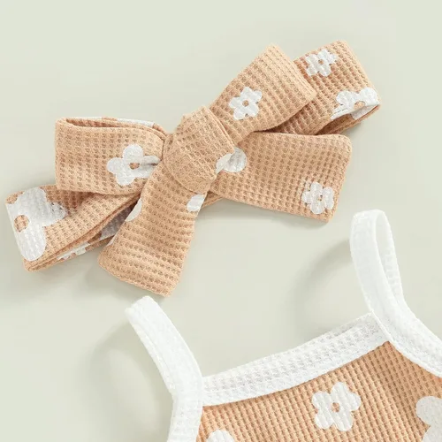 Vista 5 de Newborn Baby Girls Clothes Sets Waffle Floral Print Sleeveless Bodysuits+Ruffles Drawstring Summer Shorts+Headband
