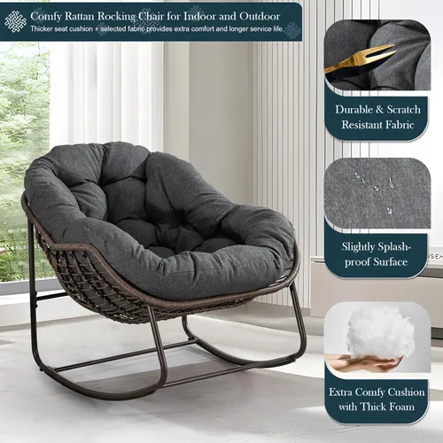 Vista 5 de Juego de 2 mecedoras para exteriores, silla mecedora de huevos de mimbre de gran tamaño, para interiores y exteriores, cómoda silla mecedora con Gris
