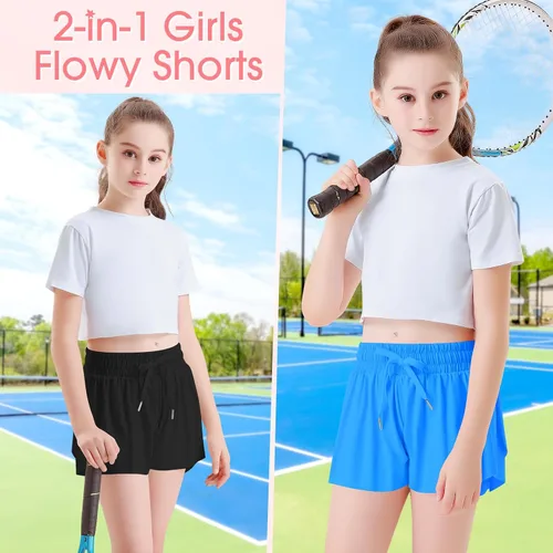 Vista 2 de Paquete de 2 pantalones cortos deportivos fluidos para niñas, pantalones cortos de mariposa para niños con bolsillo, pantalones cortos de tenis 2