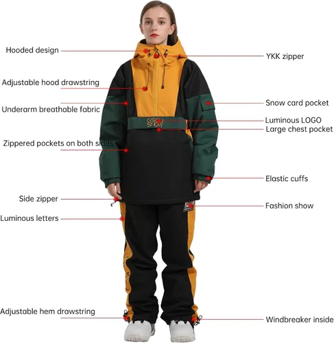 Vista 5 de GSOU SNOW Chaqueta y pantalones de esquí para mujer, impermeable, traje de nieve, para snowboard, abrigo de nieve aislado, cálido invierno luminoso