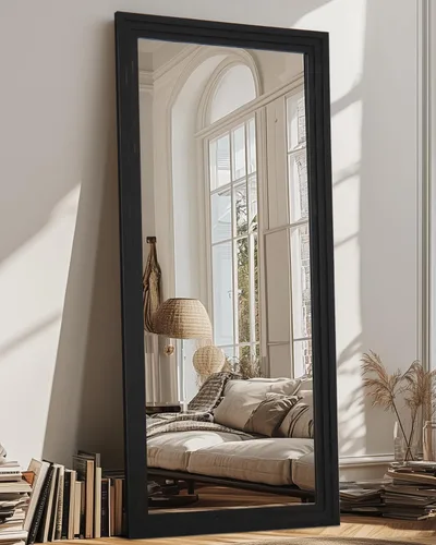 Vista 2 de Espejo de longitud completa, espejo de madera de 71" × 32" con soporte, espejo de piso de madera, espejos de pie de gran tamaño, espejos de pared
