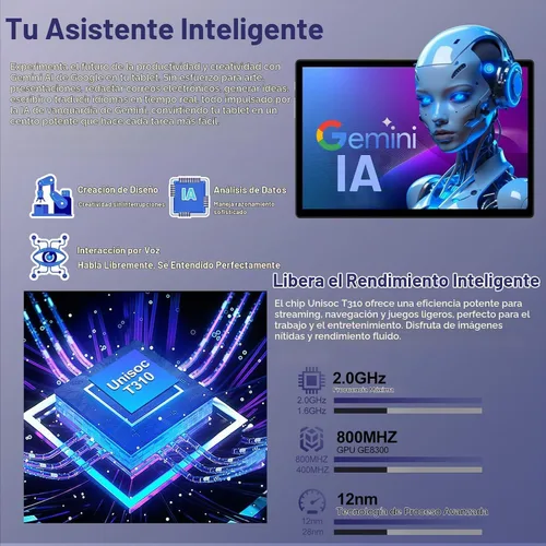Vista 3 de Tablet Android 15 2025 con teclado Gemini AI, Tablets de electrónica de 30GB+128GB de ocho núcleos con pantalla IPS HD de 10 pulgadas, 8000mAh