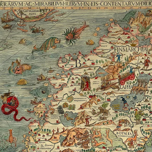 Vista 7 de Mapa del mar de una Escandinavia por Olaus Magnus en 1527-39. Carta Marina. Suecia, Dinamarca, Noruega, Islandia y Finlandia