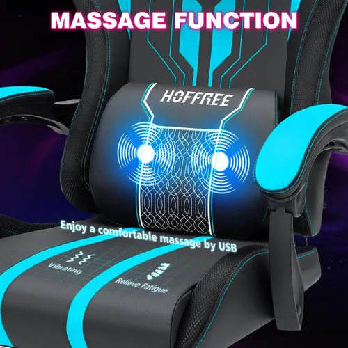 Vista 7 de HOFFREE Silla LED para juegos con altavoces, silla de computadora grande y alta con luces RGB, silla de juego Bluetooth con reposapiés, sillas