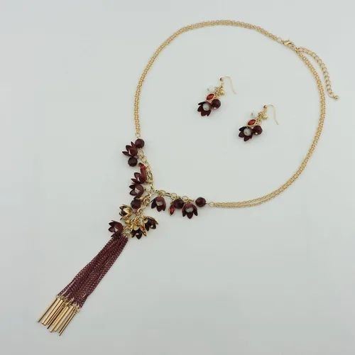 Vista 4 de Bocar Conjunto de joyería de 2 capas de cadena larga con colgante de flor y borlas para mujer