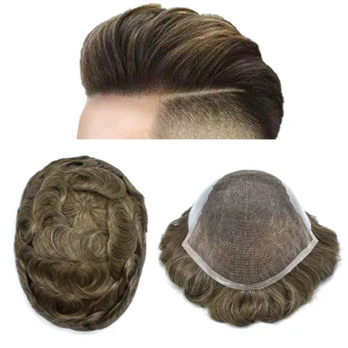Vista 57 de Mens Toupee Swiss Lace Mens Hair Piece Sistema de reemplazo de cabello para hombres Toupee para hombres Cabello humano nudo blanqueado protesis