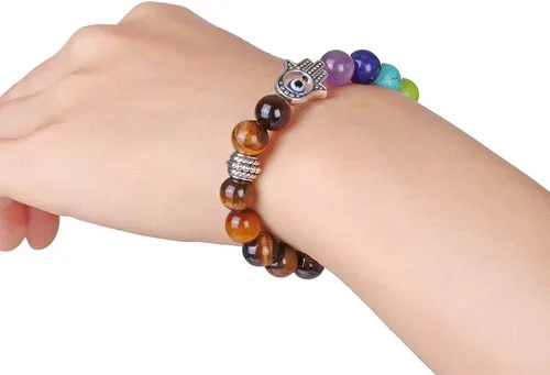Vista 7 de RUIZHEN - 2 Pulseras elásticas con cuentas azules de ojo malvado, 7 chakras, piedra de lava, mano de Hamsa