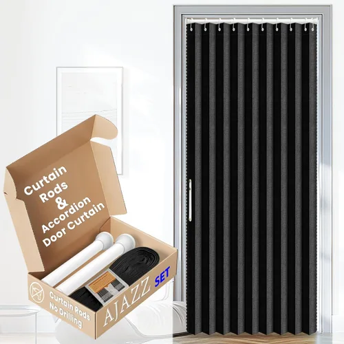 Vista 10 de AJAZZ Conjunto: Barras para cortinas sin perforación (28-39" de ancho) y cortina acordeón para puerta, beige 43" de ancho × 78" de largo, puertas