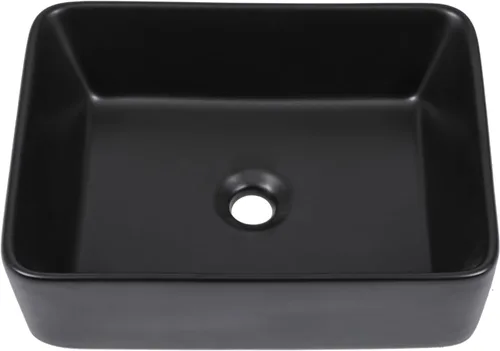 Vista 5 de Lavabo de baño negro de 16 x 12 pulgadas, lavabo de apoyo rectangular para baños, de cerámica, sobre mostrador, lavabo rectangular de baño, lavabo