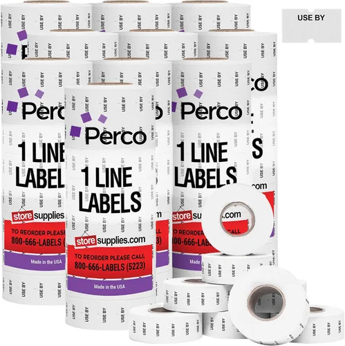 Vista 16 de Perco 1 línea de impresión inversa morada en etiquetas blancas de panadería, 8,000 etiquetas para pistolas Perco Lite, X, Plus y Pro, con diseño a