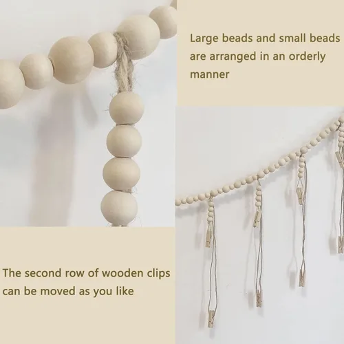 Vista 3 de Exhibidor de fotos para colgar con 22 clips, guirnalda de cuentas de madera, decoración de marco de collage estilo boho para dormitorios, aulas