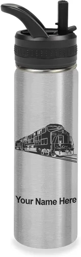 Vista 49 de LaserGram Botella de agua personalizada, tren de carga, acero inoxidable de doble pared aislada al vacío con popote superior, regalo grabado Negro