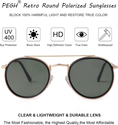 Vista 3 de PEGH Gafas de sol polarizadas redondas retro UV400 con doble puente circular PH2227