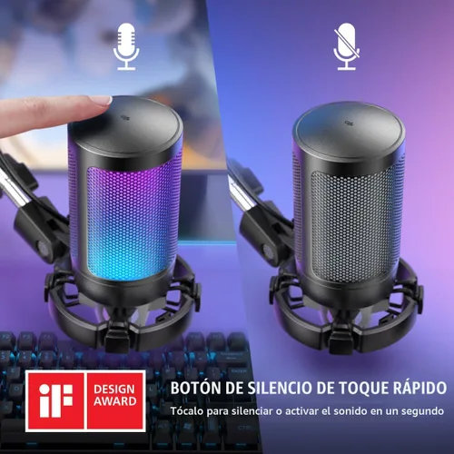 Vista 4 de FIFINE Gaming PC USB Microphone, Podcast Condenser Mic with Boom Arm, Pop Filter, Mute Button for Streaming, Twitch, Online Chat, RGB Computer Mic