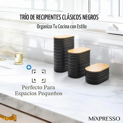 Vista 7 de Mixpresso Juego de recipientes negros para la cocina – Juego de recipientes herméticos de plástico para azúcar de 3 piezas con tapas de bambú