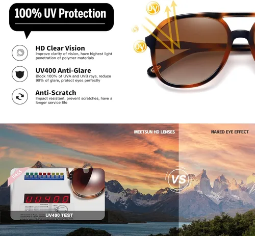 Vista 6 de MEETSUN Lentes de sol estilo aviador retro cuadrados de los años 70 para mujeres y hombres, lentes de sol vintage de doble puente con protección UV