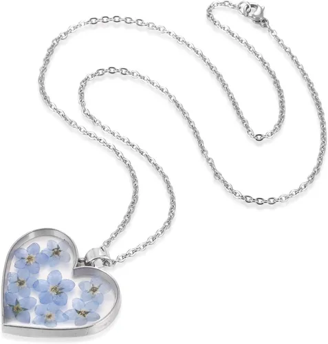 Vista 2 de Juego de pendientes colgantes y collar colgante con diseño de flores azules prensadas secas, Metal, Sin piedra preciosa