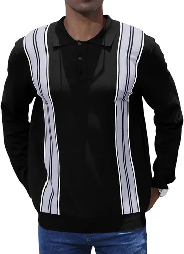 Vista 7 de CTU Camisas polo de manga larga a rayas vintage para hombre, camisas de golf