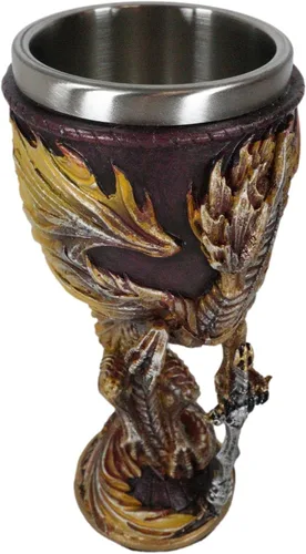 Vista 6 de Ebros Ruth Thompson Dragon's Lair Collection Dragón alado con espada divina de 8 onzas, copa de cáliz de vino de resina con forro de acero Llama