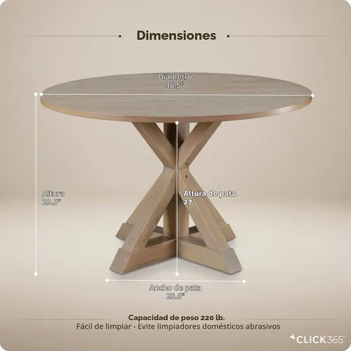 Vista 2 de Mesa de comedor redonda Serta Alfred de madera maciza rústica para decoración de cocina estilo granja, base de pedestal en forma de trébede de beige