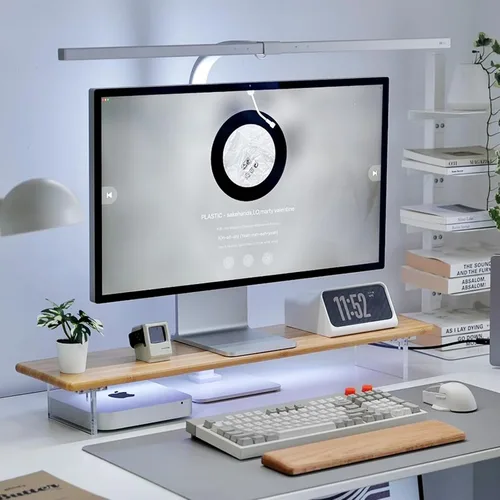 Vista 12 de Soporte elevador de bambú para monitor con luces RGB, estante de escritorio de 31.5 pulgadas con patas acrílicas para escritorio, monitor