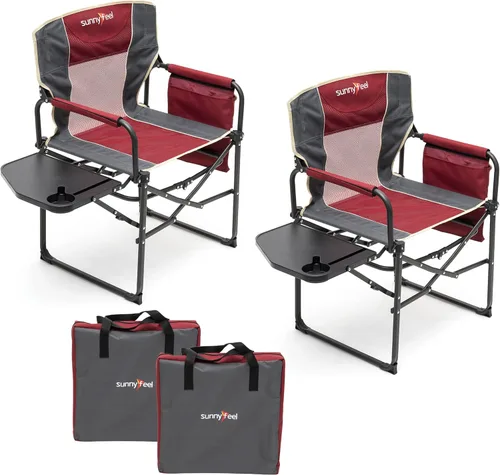 Vista 23 de SUNNYFEEL Silla de Directores de Camping, Silla Plegable Portátil de Gran Tamaño con Mesa Lateral, Bolsillo para Playa, Pesca, Viaje, Picnic