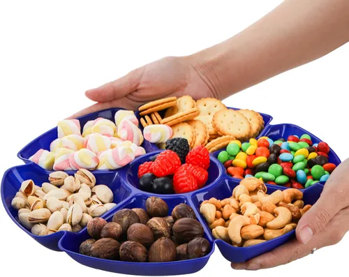 Vista 9 de AVLA 12 bandejas de plástico para servir aperitivos, platos divididos de 12 pulgadas irrompibles con chips y inmersión, platos redondos de 7