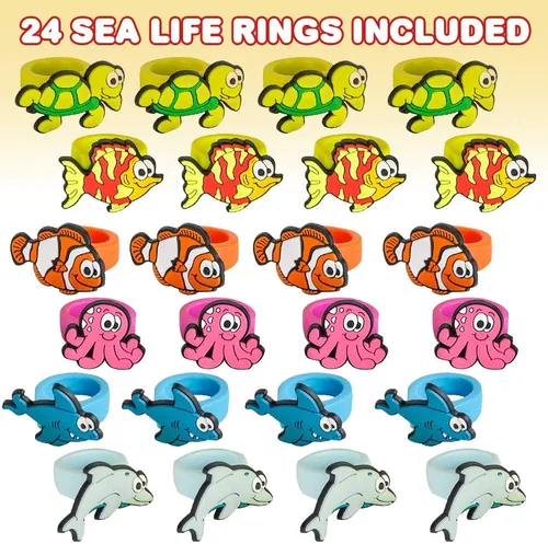 Vista 2 de ArtCreativity Anillos de goma Sea Life para niños, paquete de 24, adorables joyas infantiles para niñas y niños, divertidos colores surtidos