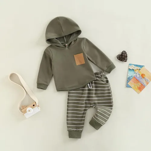 Vista 100 de Ropa de bebé niño 3 6 9 12 18 24M 3T Conjunto de pantalones con capucha patchwork sudadera con capucha pantalones de rayas traje de otoño invierno