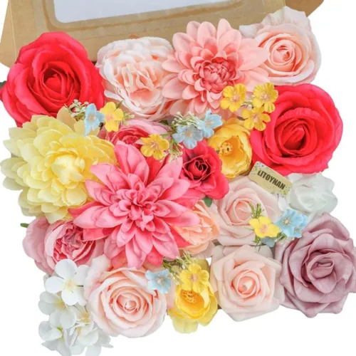 Vista 14 de Caja de flores artificiales azul marino, rosas de dalias de seda con tallos para manualidades, ramos de boda, centros de mesa, arreglos, decoración