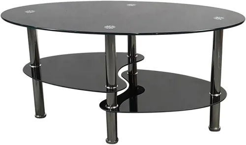 Vista 2 de Mesa de centro de cristal de 2 niveles, mesa de centro de vidrio templado, mesa central moderna rectangular mesa de té ovalada de vidrio con estante