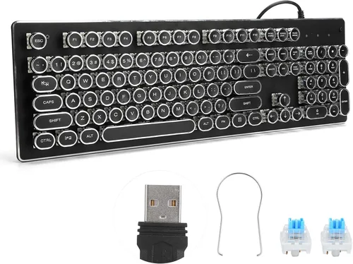 Vista 8 de 070 Teclado mecánico retro para juegos de 104 teclas, luz mixta, impermeable, cable USB, diseño ergonómico (negro)