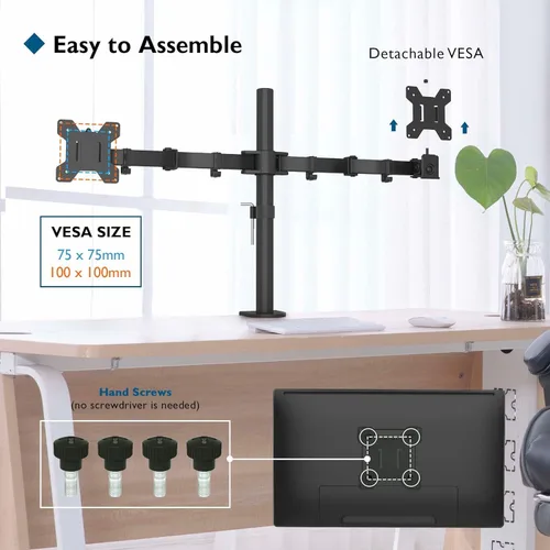 Vista 3 de BONTEC Soporte de escritorio para monitor doble, soporte de monitor ajustable de movimiento completo para pantallas de 13 a 27 pulgadas, brazos