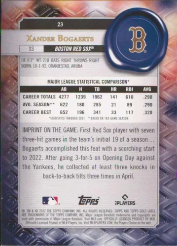 Vista 2 de 2022 Topps Gold Label Class 1#23 Xander Bogaerts Boston Red Sox Baseball Card - GotBaseballCards