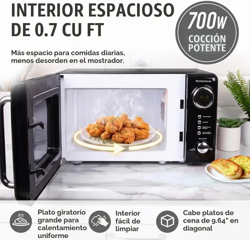 Vista 5 de Nostalgia Horno microondas retro compacto para encimera, 0.7 pies cúbicos, 700 vatios con pantalla digital LED, bloqueo infantil, interior fácil