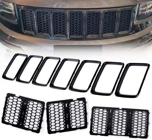Vista 9 de Inserto de Parrilla de Parachoques Delantero Moldura de Rejilla Cromada con Cubierta de Malla de Panal Negro para Jeep Cherokee 2014 2015 2016 2017