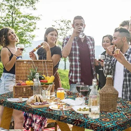 Vista 7 de Mantel para mesa plegable, funda impermeable para mesa de pícnic, para mesas de 6 pies, borde elástico, cubierta de plástico para picnic