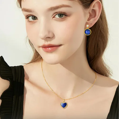 Vista 2 de Collar de oro macizo de 14 quilates, turquesa, lapislázuli, oro amarillo de 14 quilates, dije de piedras preciosas en forma de corazón, joyería
