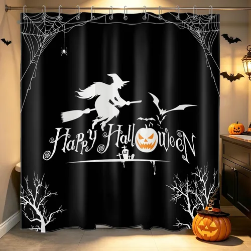 Vista 21 de HVEST Cortina de ducha con ganchos, calabaza espeluznante y fantasma con sombrero de bruja negro, juego de cortina de ducha naranja con flores