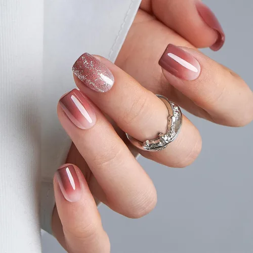 Vista 28 de CurvLife Uñas postizas cuadradas cortas a presión, terciopelo degradado Paris Script