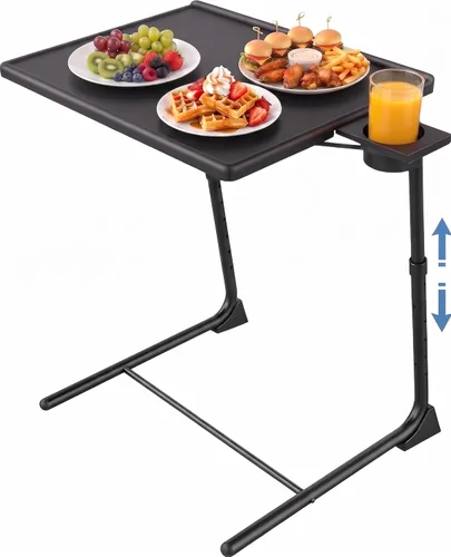 Vista 9 de HUANUO Mesa ajustable para TV – Bandeja de cena de TV con portavasos en la cama y el sofá, cómoda mesa plegable con 6 ajustes de altura y 3 ángulos