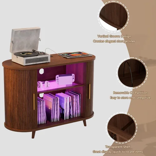 Vista 9 de Soporte para tocadiscos de vinilo con luces LED y estación de carga, soporte grande para discos con puerta corrediza para tocadiscos, altavoces